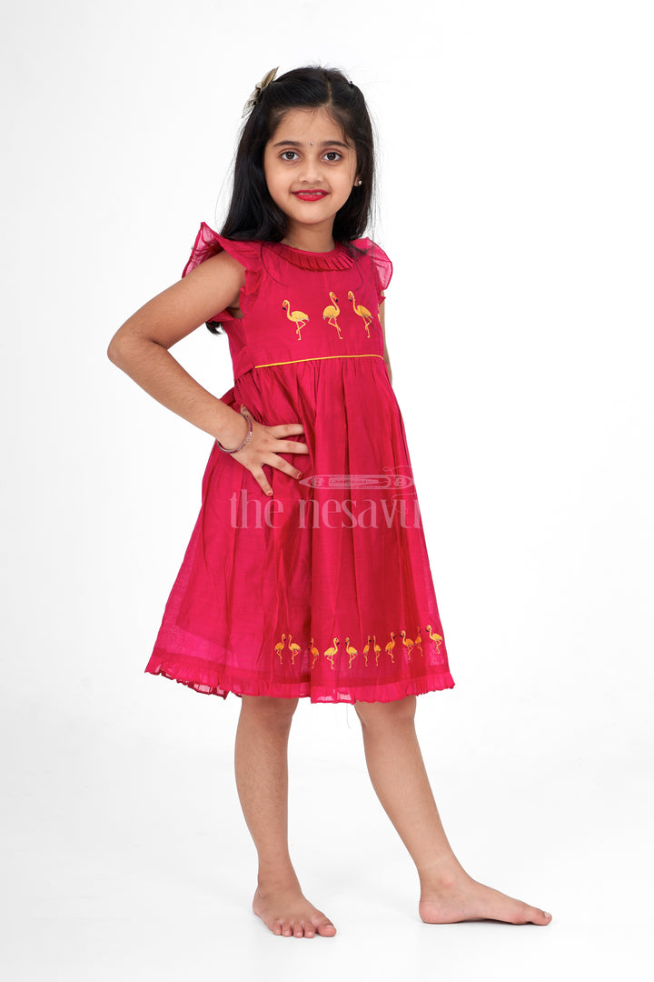 Red Chanderi Girls Party Frock with Gold Flamingo Embroidery Elegant and Festive Wear