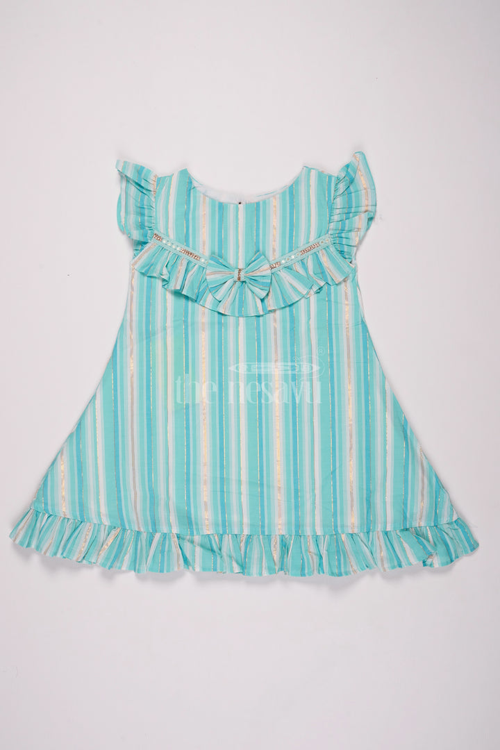 Girls Blue Striped Cotton Frock with Ruffles and Bow Details