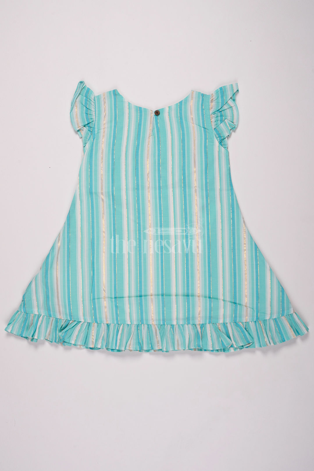 Girls Blue Striped Cotton Frock with Ruffles and Bow Details