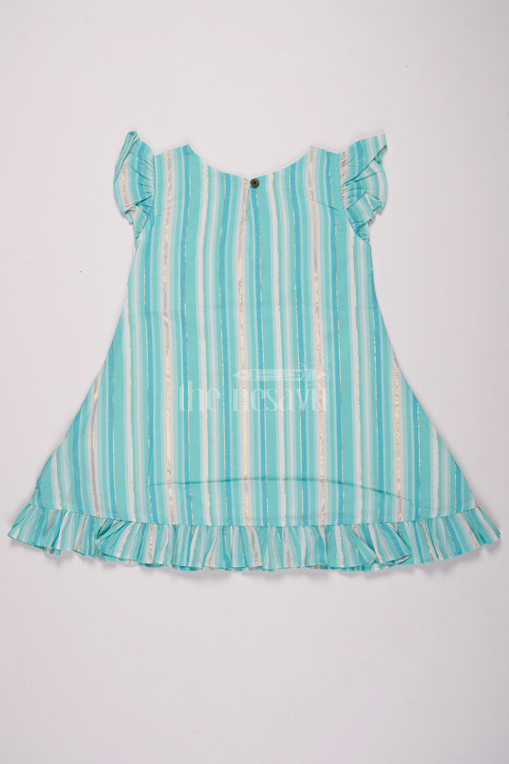 Girls Blue Striped Cotton Frock with Ruffles and Bow Details