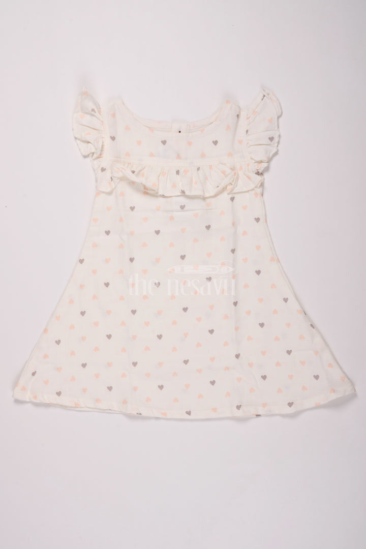 Girls White Muslin Cotton Christmas Dress with Heart Print and Ruffle Details