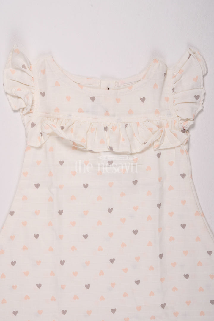 Girls White Muslin Cotton Christmas Dress with Heart Print and Ruffle Details