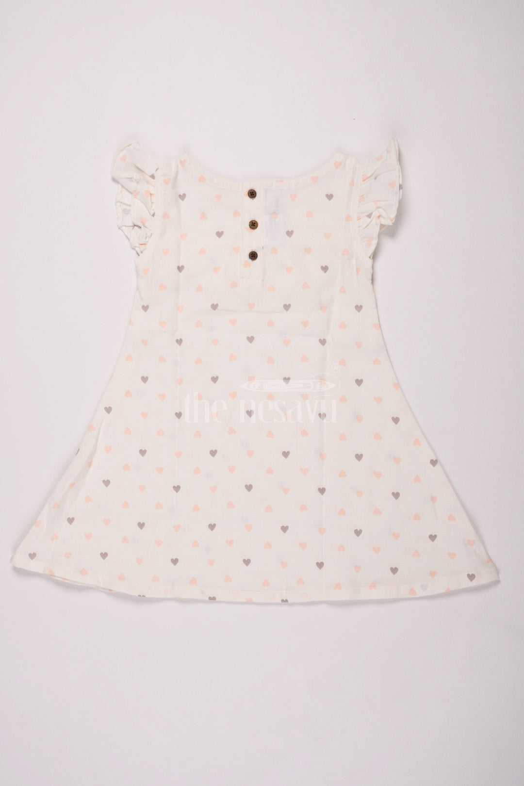 Girls White Muslin Cotton Christmas Dress with Heart Print and Ruffle Details