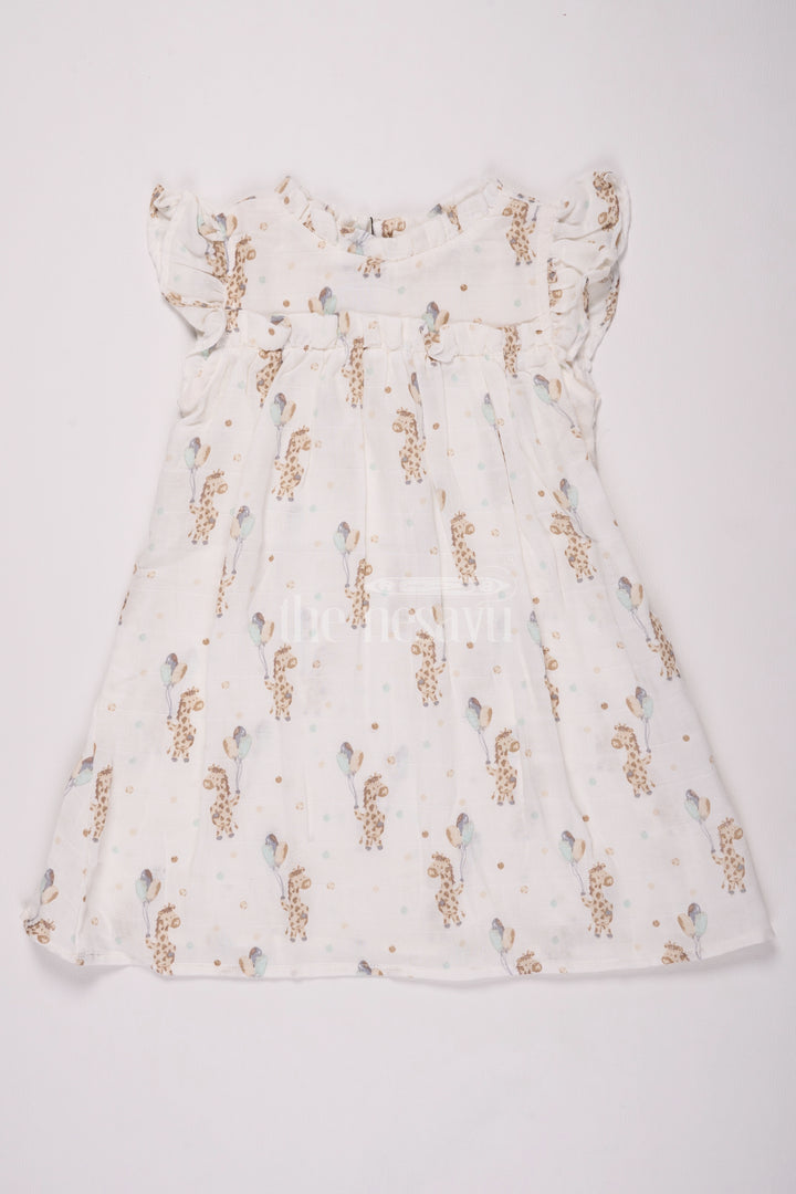 Girls Cotton Frock Ladies Dress with Delicate Giraffe and Bird Print in Muslin Fabric