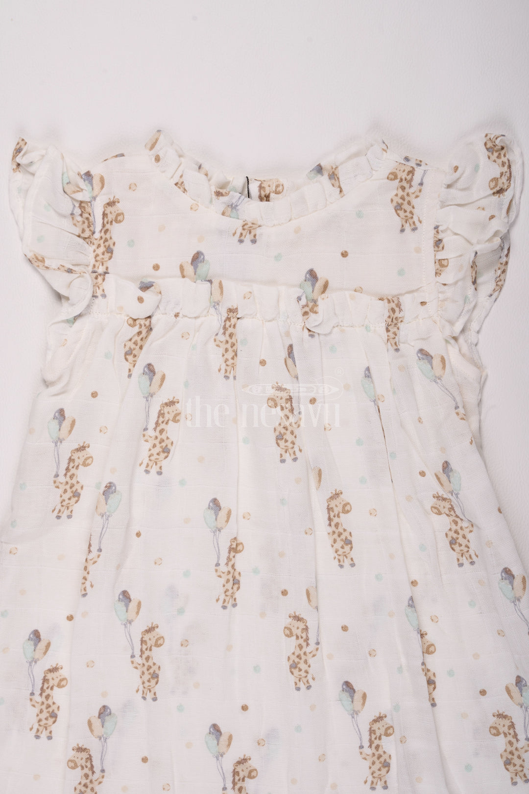 Girls Cotton Frock Ladies Dress with Delicate Giraffe and Bird Print in Muslin Fabric