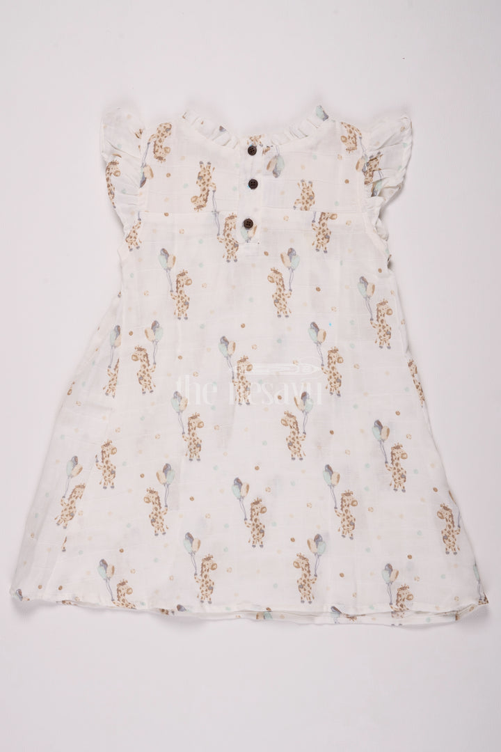 Girls Cotton Frock Ladies Dress with Delicate Giraffe and Bird Print in Muslin Fabric