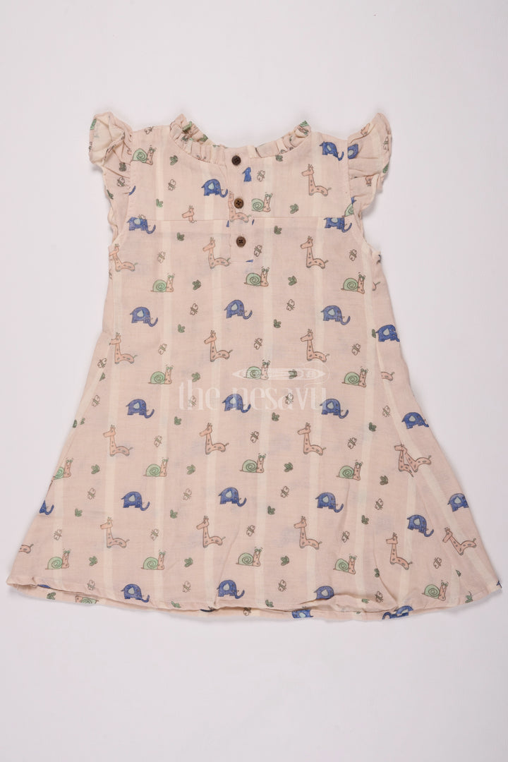 Girls Cotton Frock Ka Design Featuring Snail and Giraffe Print in Muslin Fabric