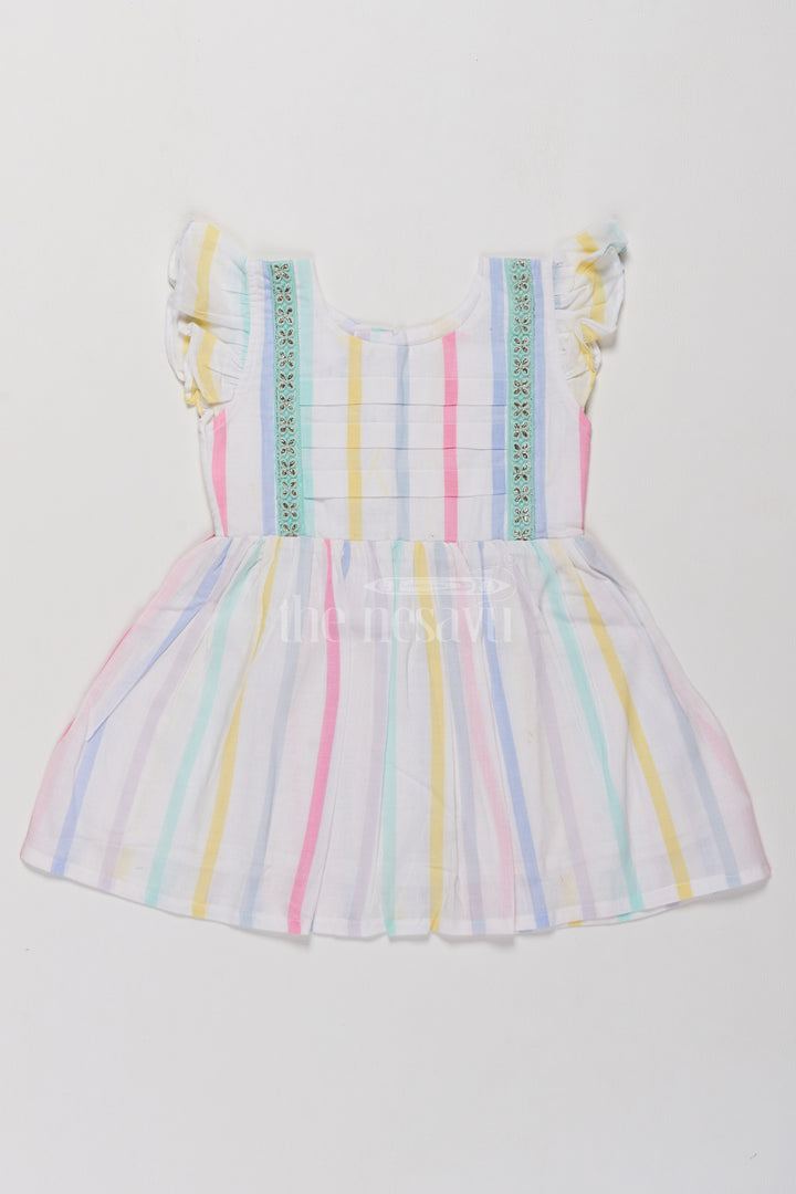 Charming Girls Short Party Frock in Pastel Stripes with Ruffled Sleeves