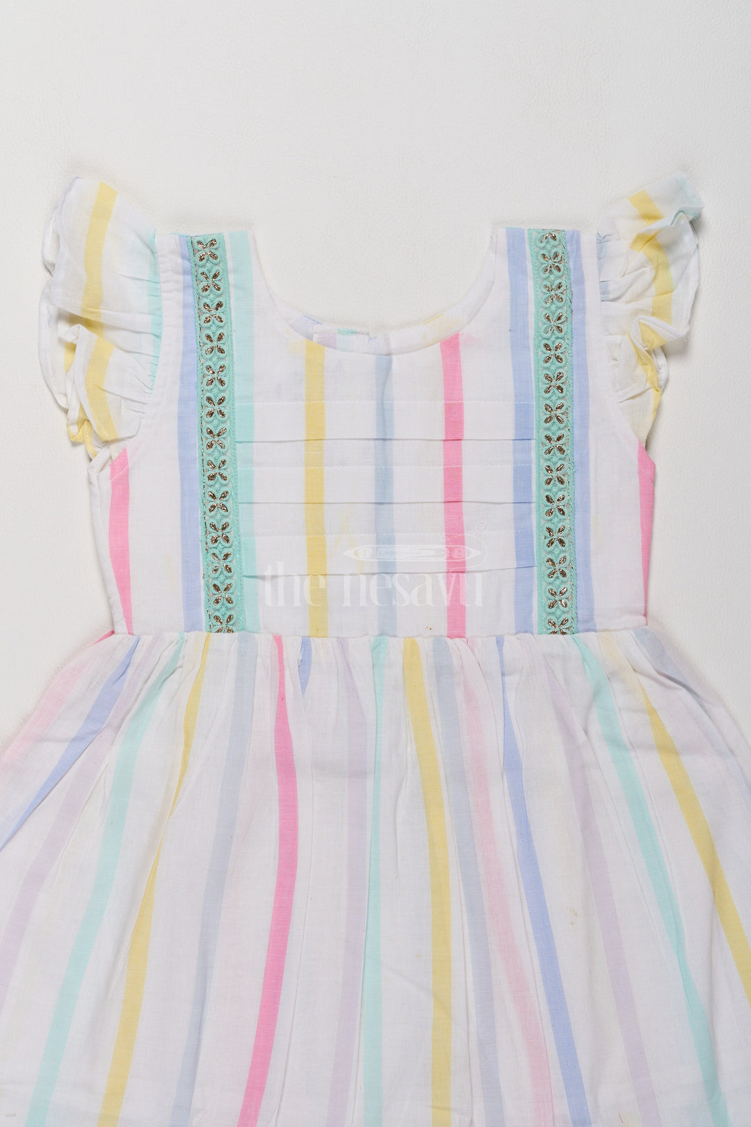 Charming Girls Short Party Frock in Pastel Stripes with Ruffled Sleeves