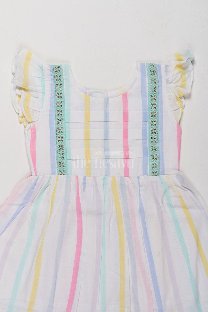 Charming Girls Short Party Frock in Pastel Stripes with Ruffled Sleeves