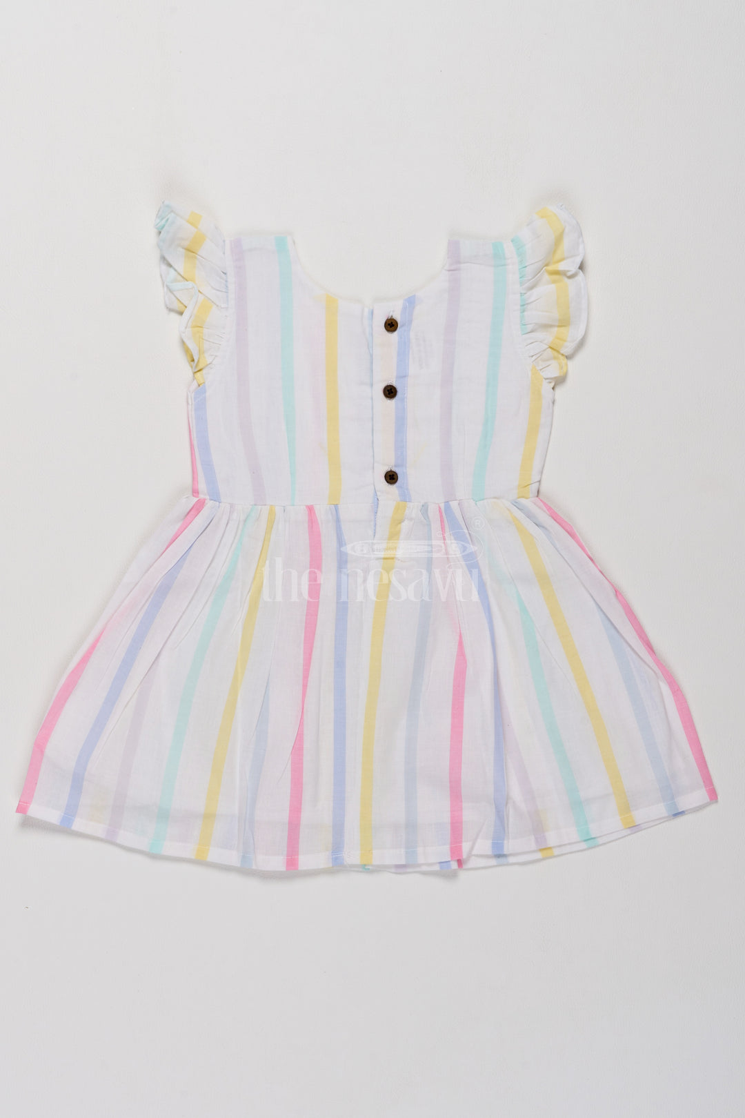 Charming Girls Short Party Frock in Pastel Stripes with Ruffled Sleeves