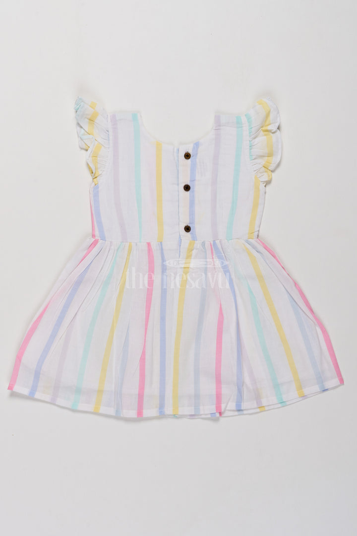 Charming Girls Short Party Frock in Pastel Stripes with Ruffled Sleeves