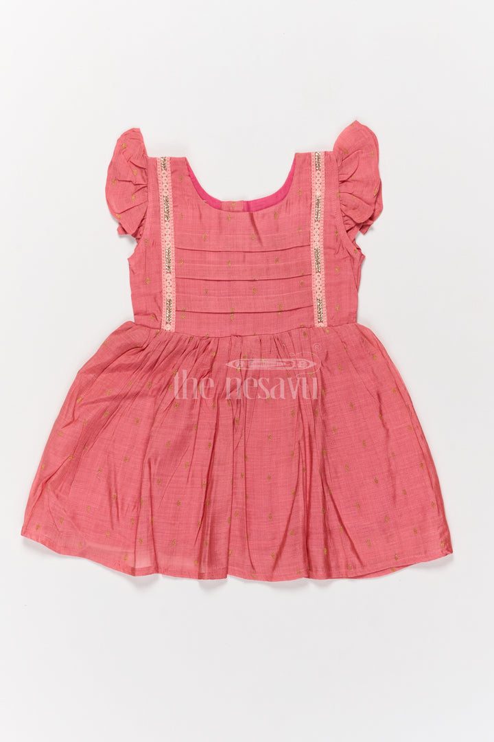 Red Chanderi Frock for Girls with Ruffled Sleeves and Pleated Bodice Perfect for Night Party