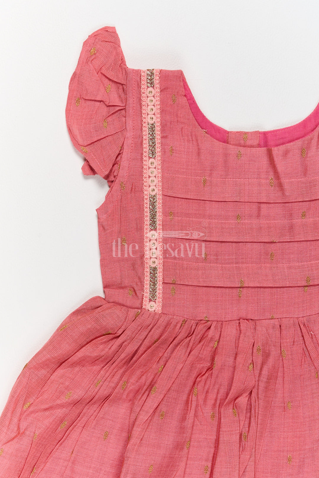 Red Chanderi Frock for Girls with Ruffled Sleeves and Pleated Bodice Perfect for Night Party