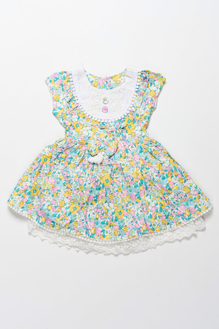 Vibrant Girls Cotton Frock with Multicolor Floral Print and Lace Hem – Frock for Reception