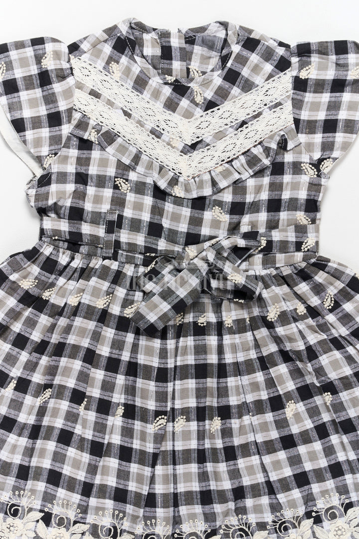 Classic Black and White Checked Cotton Frock with Lace Hem New Frock Model