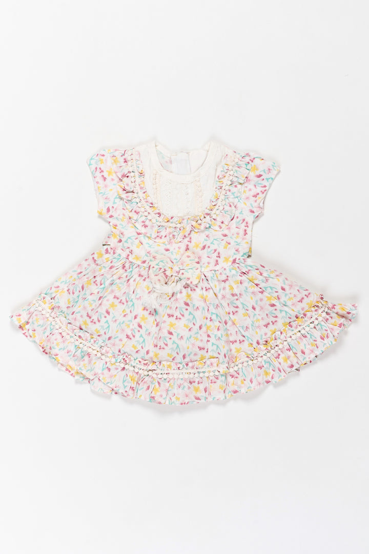 Casual Floral Frock for Girls with White Lace Bodice and Delicate Ruffle Hem