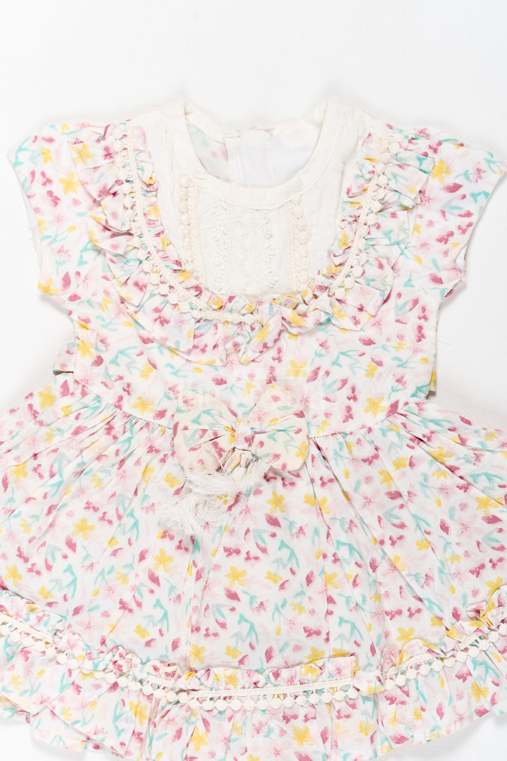 Casual Floral Frock for Girls with White Lace Bodice and Delicate Ruffle Hem