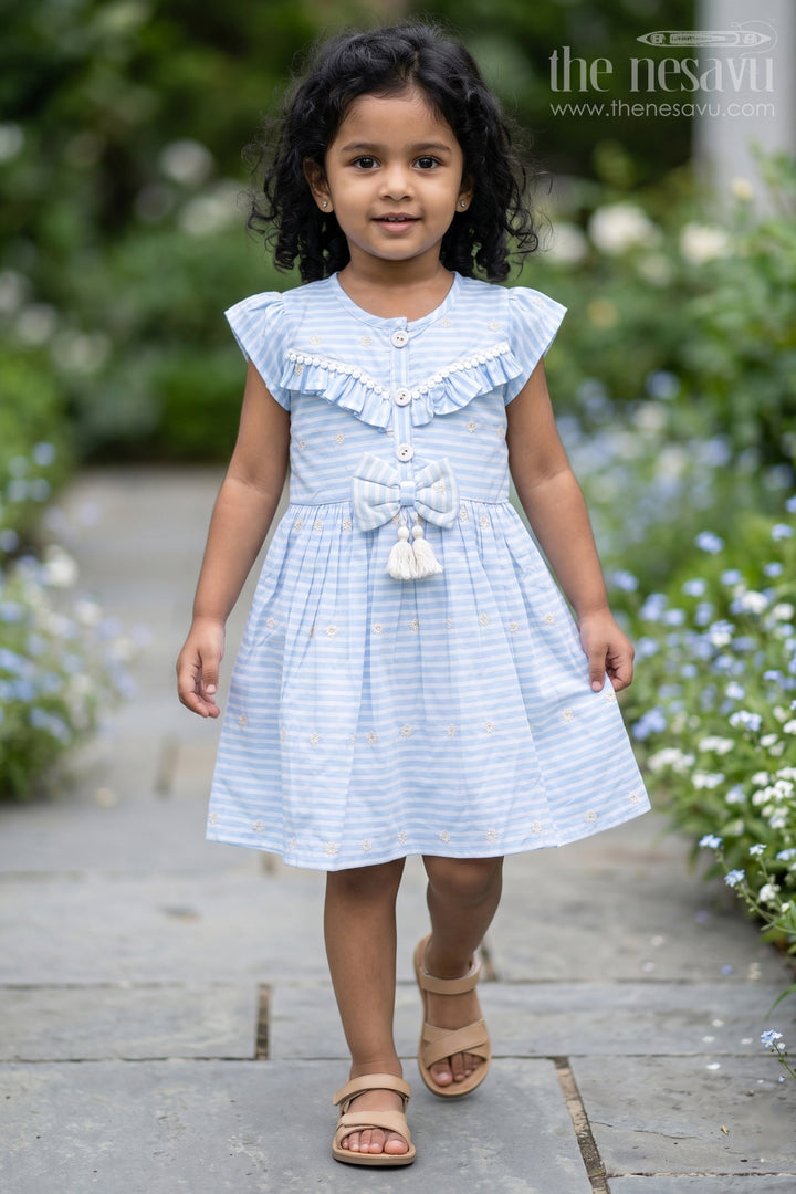 Cute Casual Frocks for Girls with Blue Stripes and Bow Detailing Comfortable and Stylish