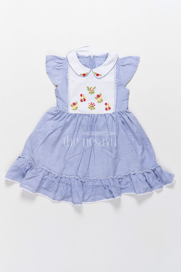 Cute Striped Girls Frock in Blue with Embroidered Bodice and Flutter Sleeves – Ideal for Cute Frocks Collection