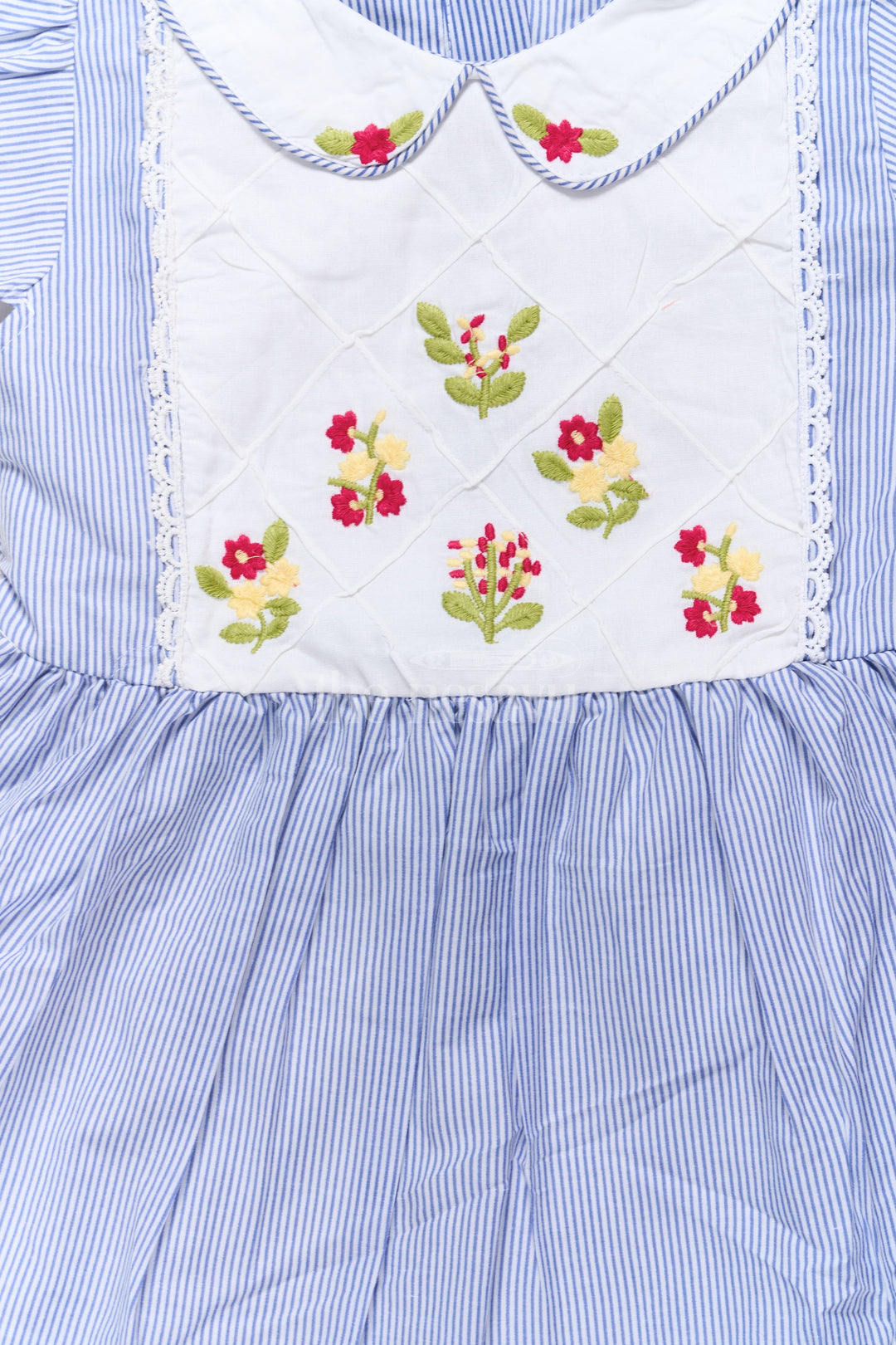 Cute Striped Girls Frock in Blue with Embroidered Bodice and Flutter Sleeves – Ideal for Cute Frocks Collection