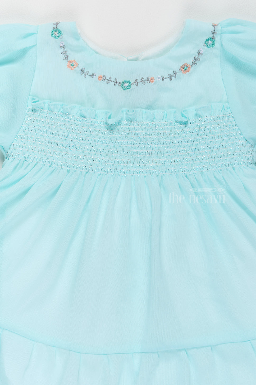 Fancy Birthday Outfits for Girls in Aqua Blue with Elegant Smocked Design