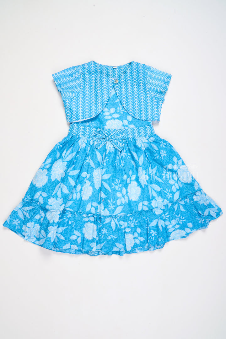 Cotton Summer Frock for Girls in Blue with Floral Patterns and Cap Sleeves