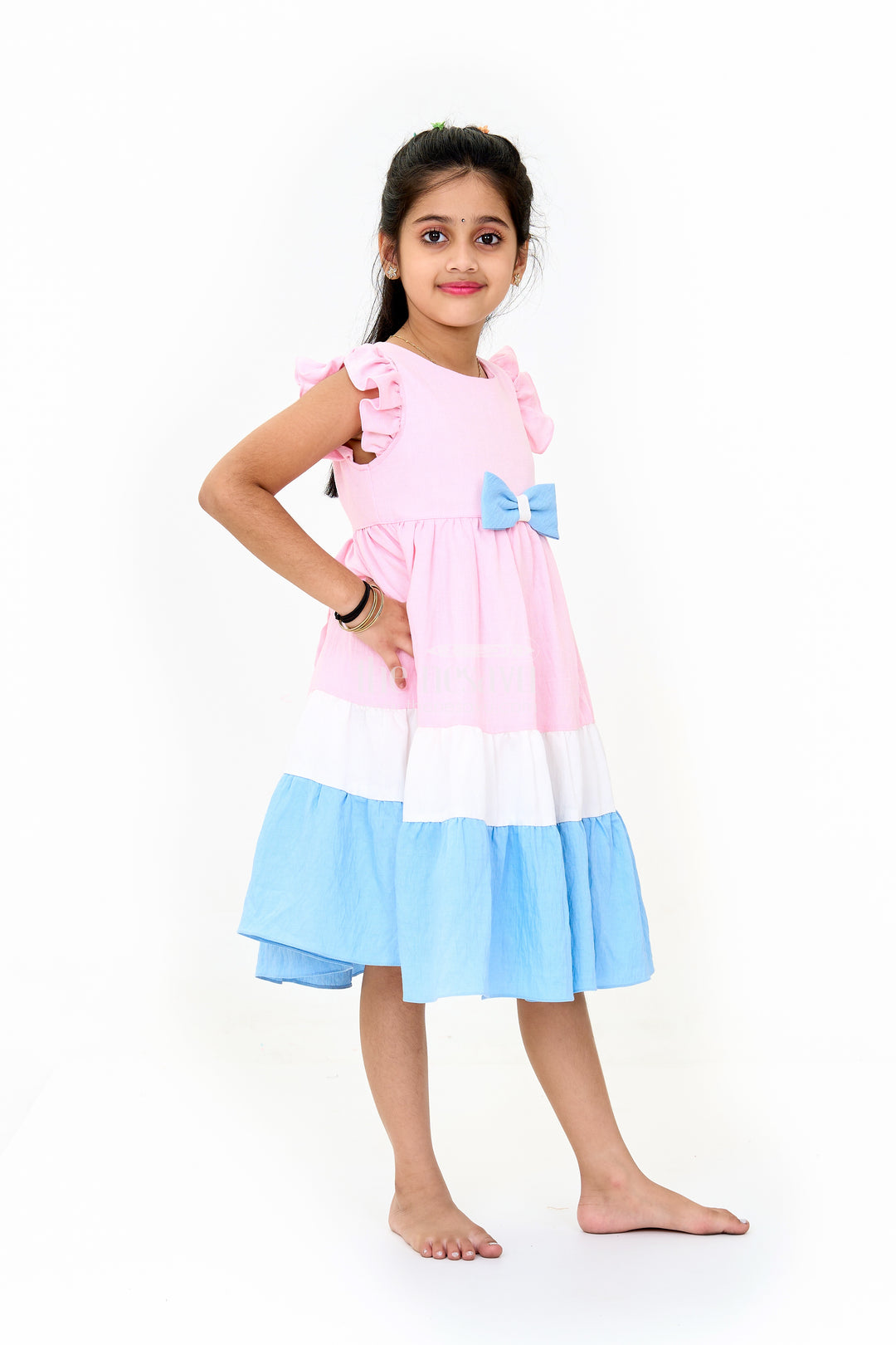 Indo Western Dress with Tiered Ruffle Hem and Contrast Bow Design for Girls