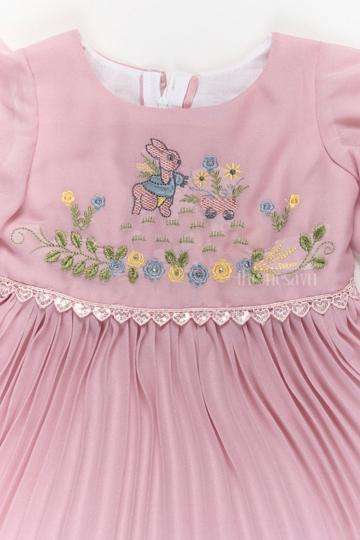 Lovely Pink Fancy Party Wear Dress for Girls with Delicate Embroidery and Puff Sleeves