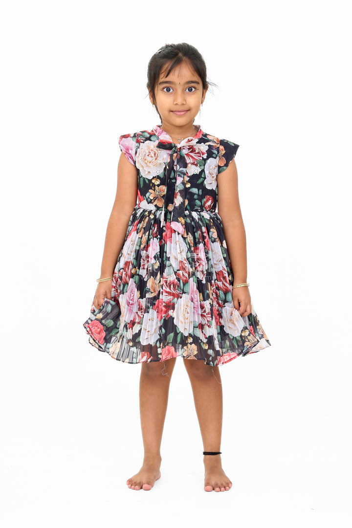 Graceful Girls Get Together Party Frock with Bold Floral Prints and Tie Neck Detail