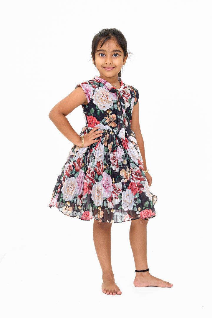 Graceful Girls Get Together Party Frock with Bold Floral Prints and Tie Neck Detail