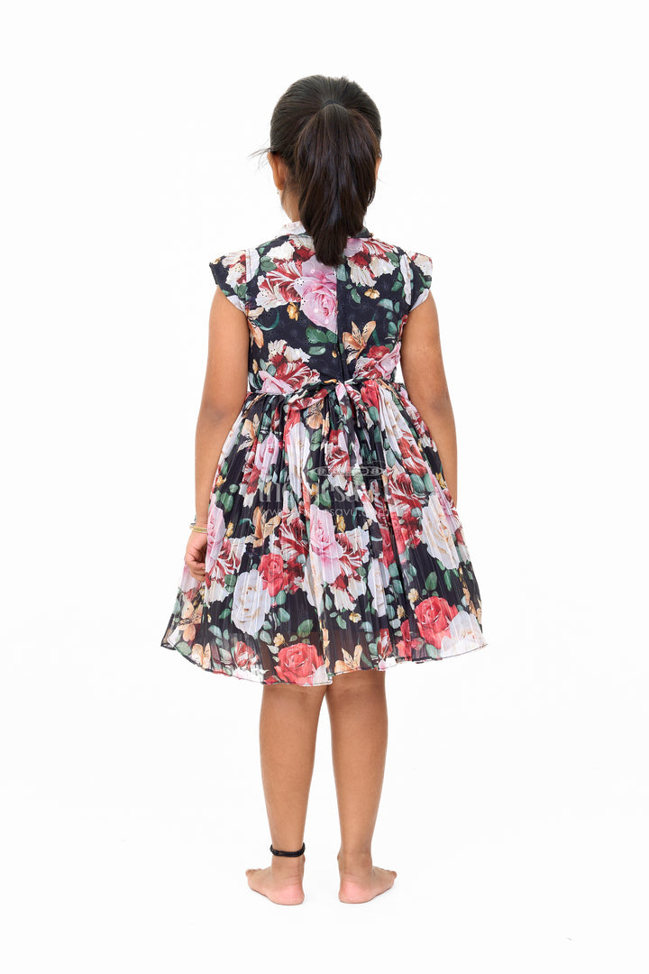 Graceful Girls Get Together Party Frock with Bold Floral Prints and Tie Neck Detail