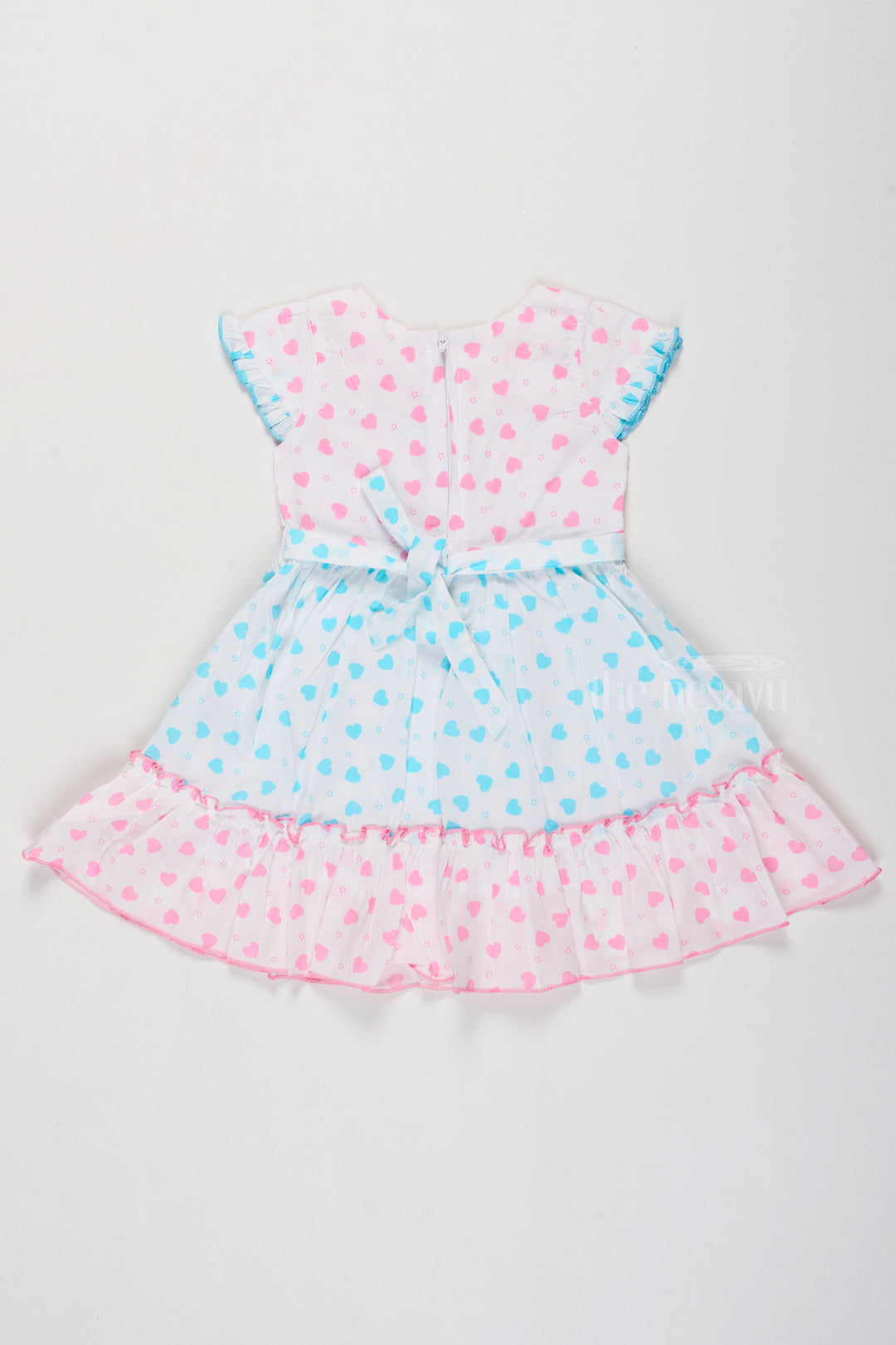 Cotton Ruffle Dress for Girls with Heart Prints and Elegant Bow