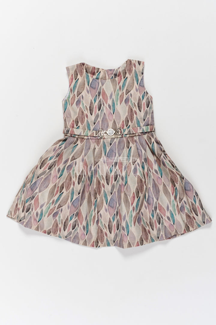 Girls Cotton Frock with Artistic Leaf Print and Chic Waist Belt