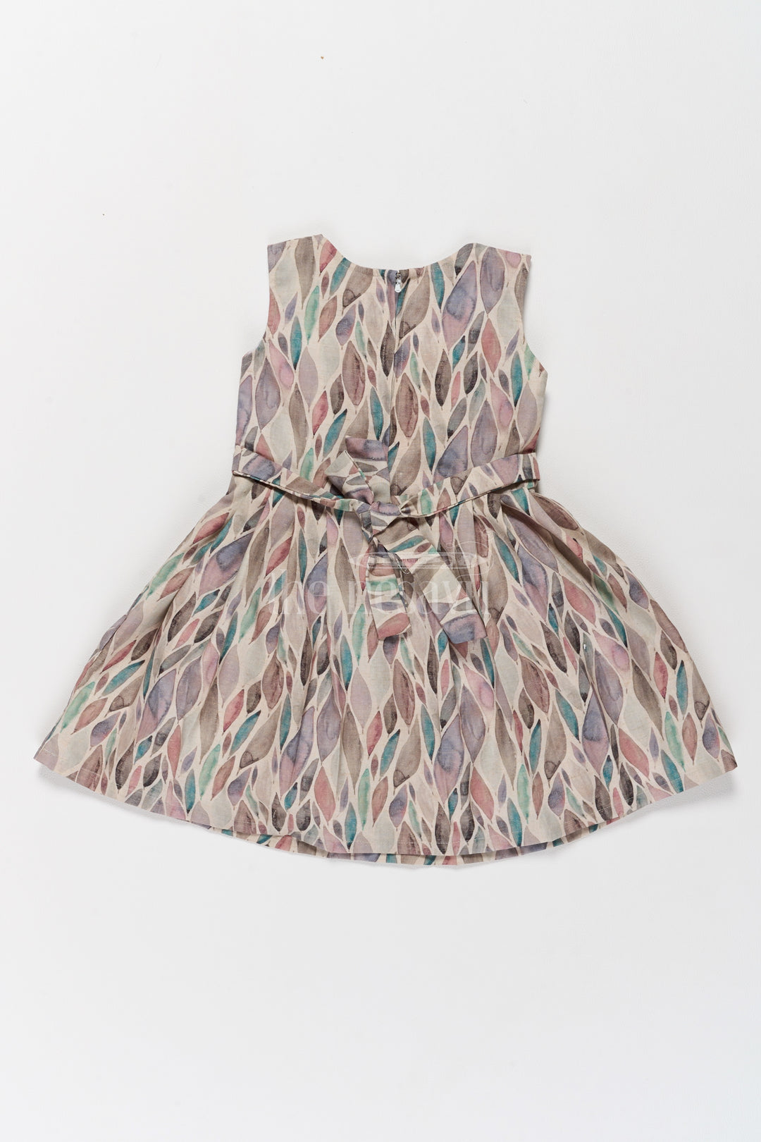 Girls Cotton Frock with Artistic Leaf Print and Chic Waist Belt