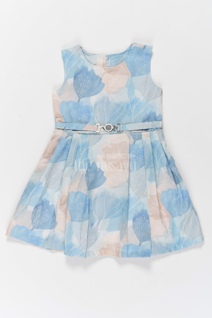 Girls Cotton Frock with Elegant Blue and Beige Floral Print and Chic Waist Belt