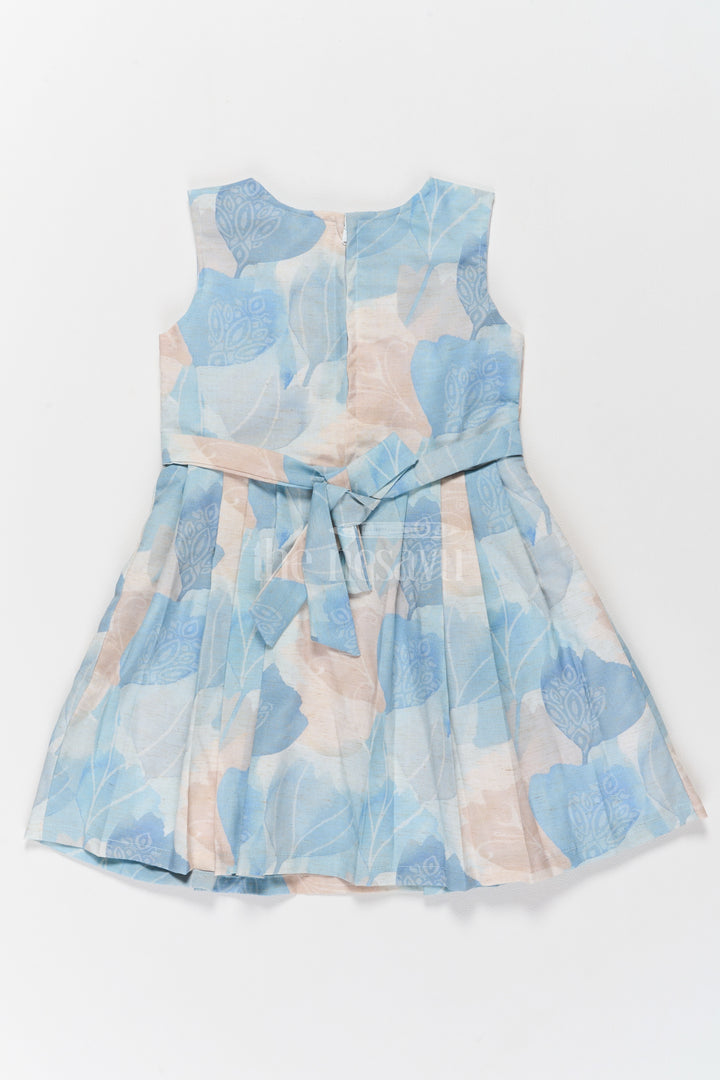 Girls Cotton Frock with Elegant Blue and Beige Floral Print and Chic Waist Belt