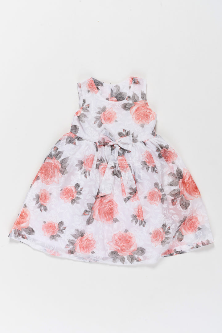 Girls Cotton Frock with Red Floral Print and Bow Tie Waist