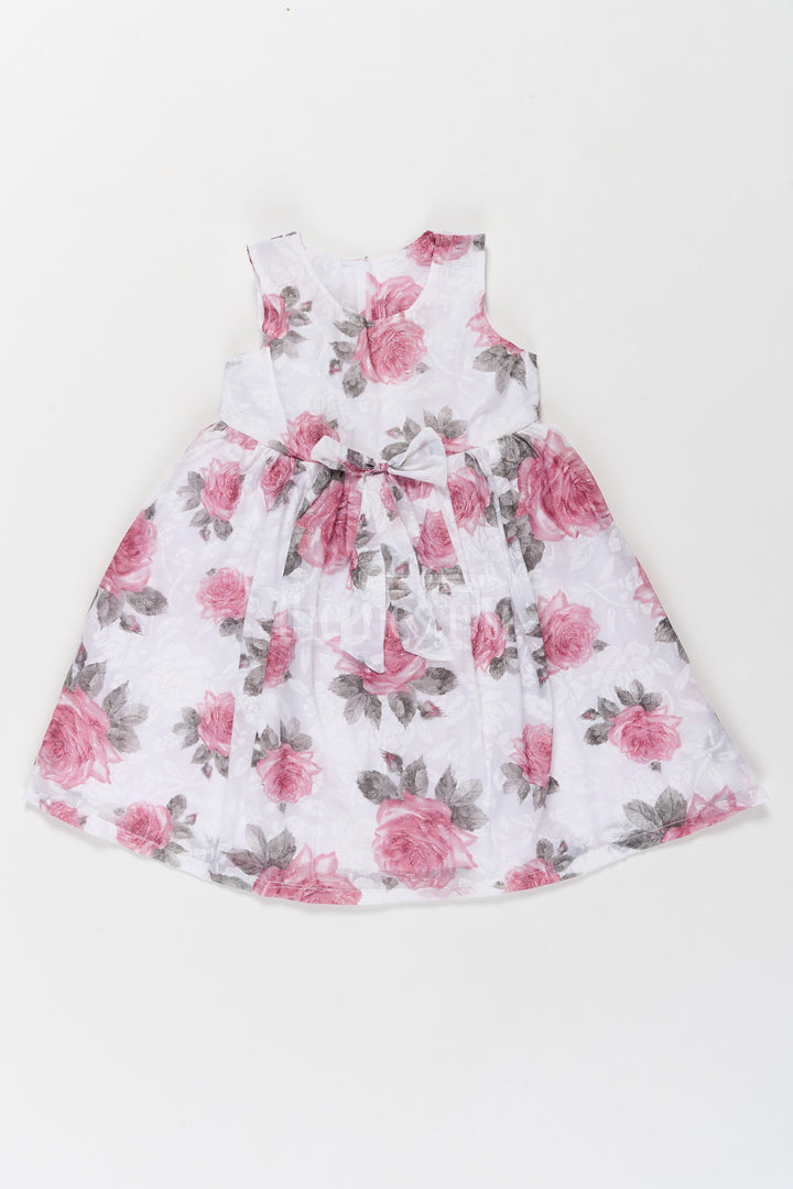 Girls Cotton Frock with Pink Rose Prints and Elegant Bow Accent