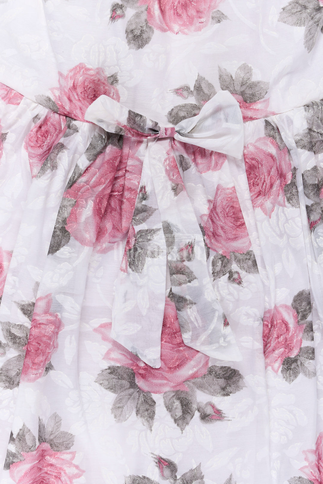 Girls Cotton Frock with Pink Rose Prints and Elegant Bow Accent