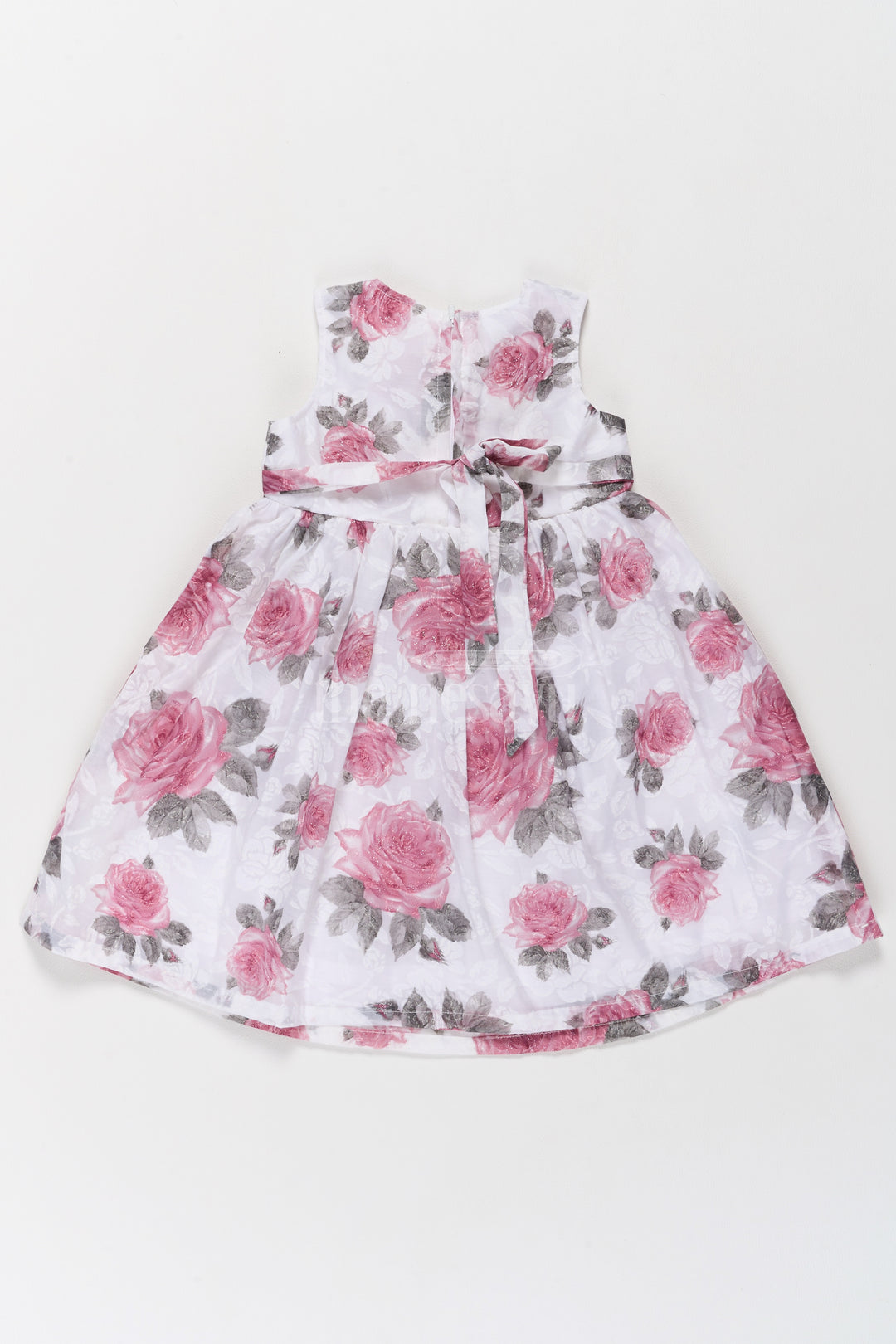 Girls Cotton Frock with Pink Rose Prints and Elegant Bow Accent