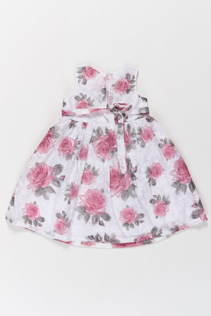 Girls Cotton Frock with Pink Rose Prints and Elegant Bow Accent