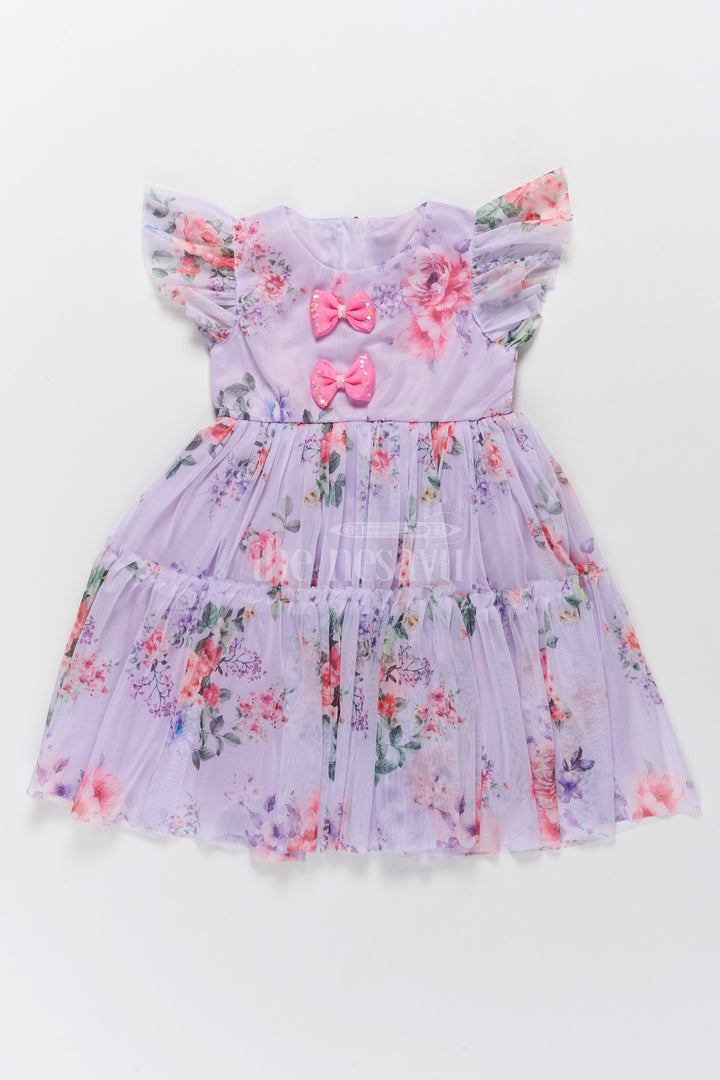 Elegant Floral Georgette Frock with Layered Ruffles and Bow Embellishments for Girls