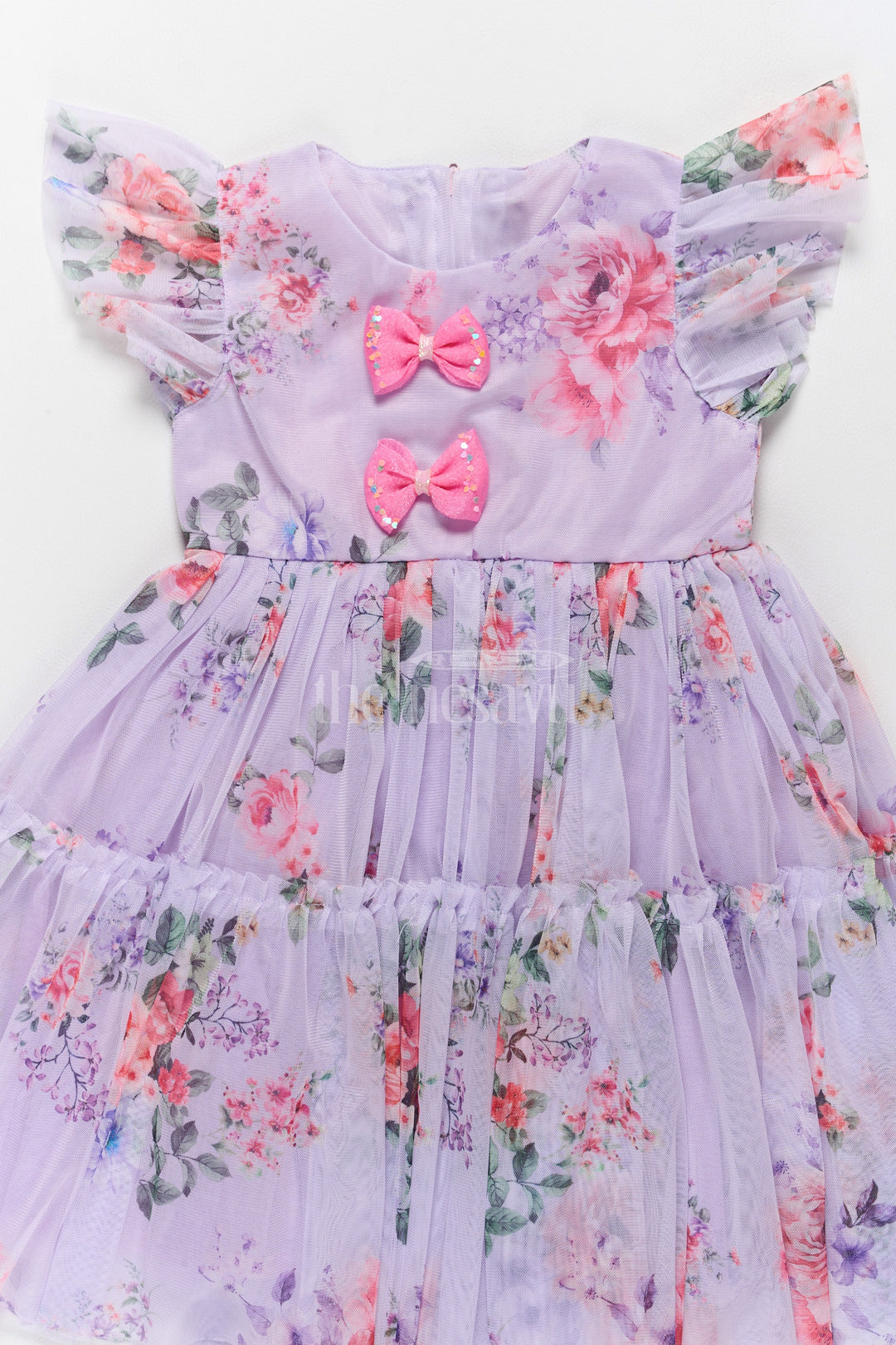 Elegant Floral Georgette Frock with Layered Ruffles and Bow Embellishments for Girls