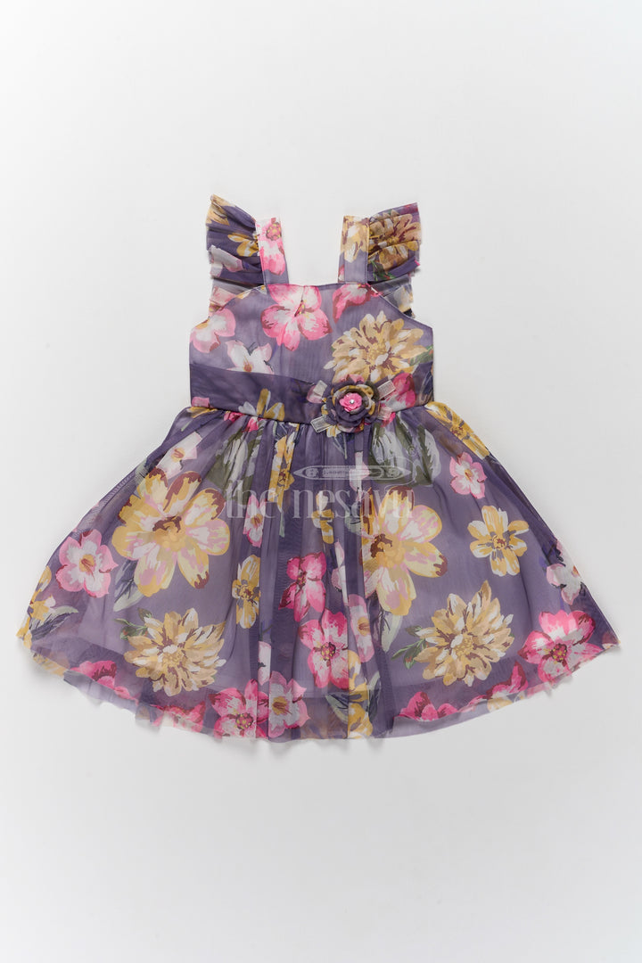 Georgette Girls Dress with Bold Yellow Floral Prints and Ruffled Shoulder Straps