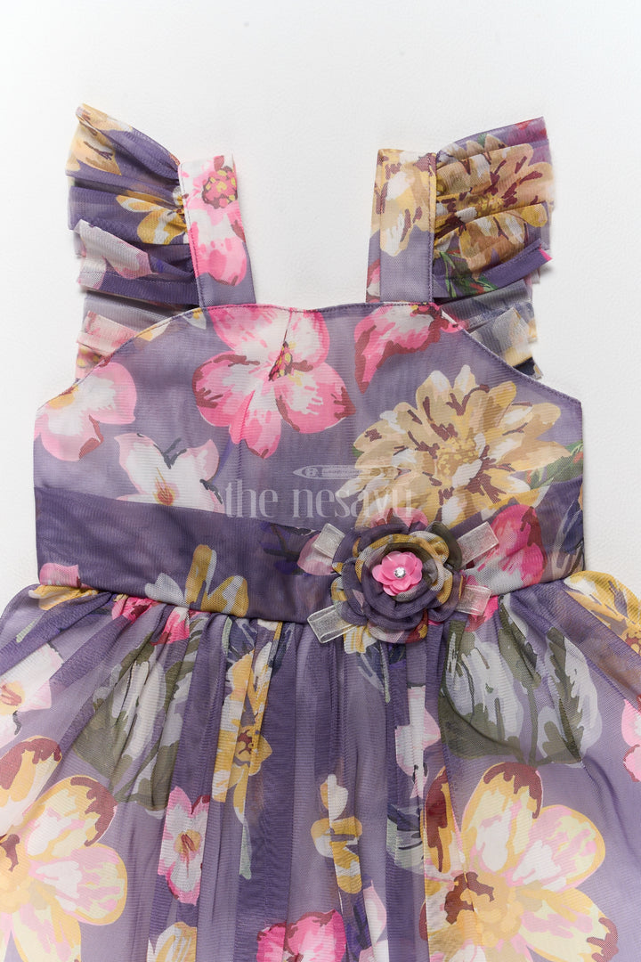 Georgette Girls Dress with Bold Yellow Floral Prints and Ruffled Shoulder Straps