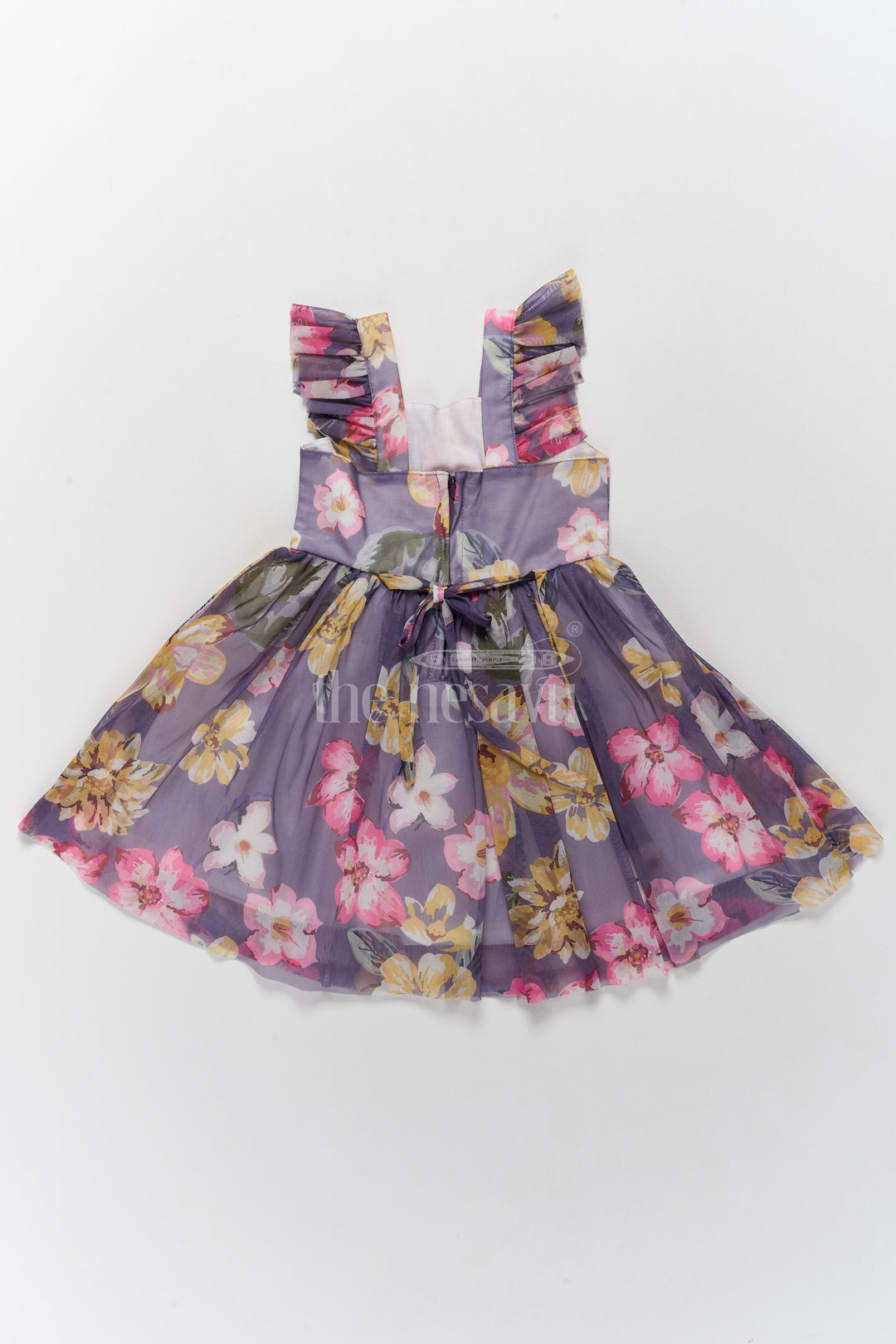 Georgette Girls Dress with Bold Yellow Floral Prints and Ruffled Shoulder Straps