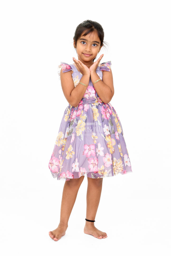 Georgette Girls Dress with Bold Yellow Floral Prints and Ruffled Shoulder Straps