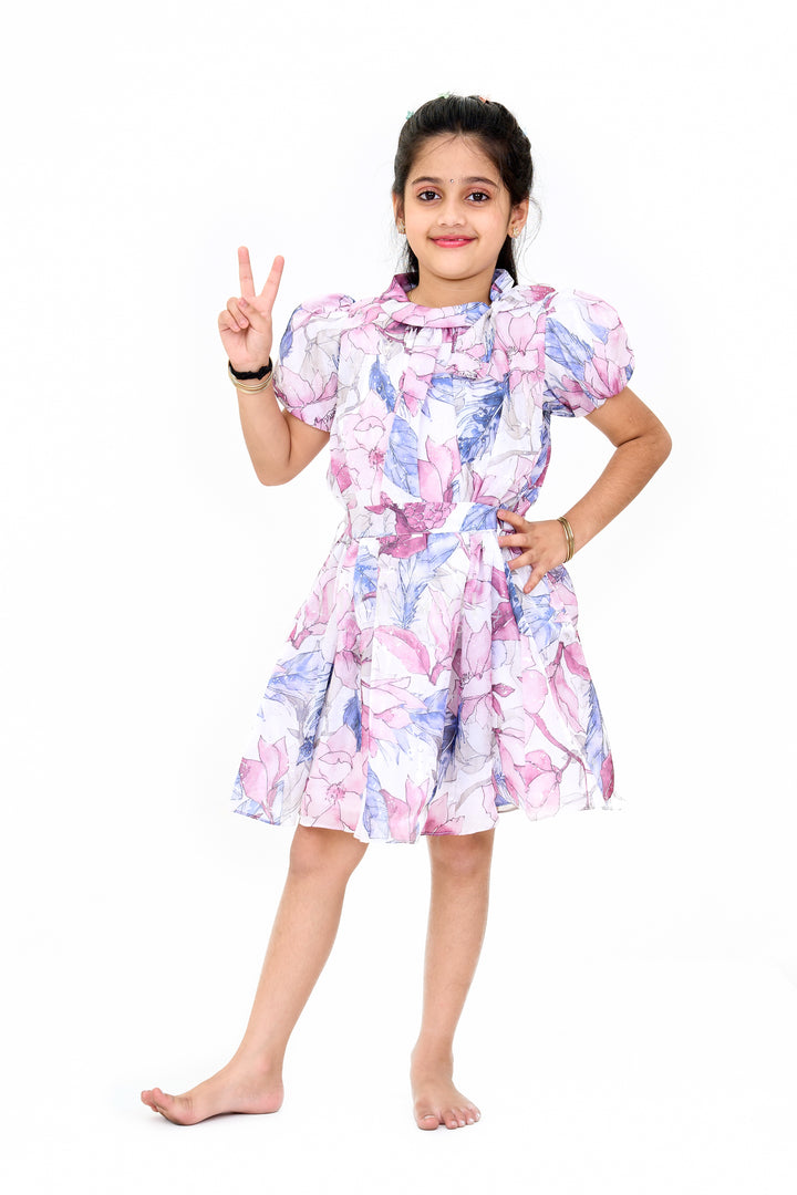 Girls Fancy Georgette Party Dress with Floral Prints and Puff Sleeves