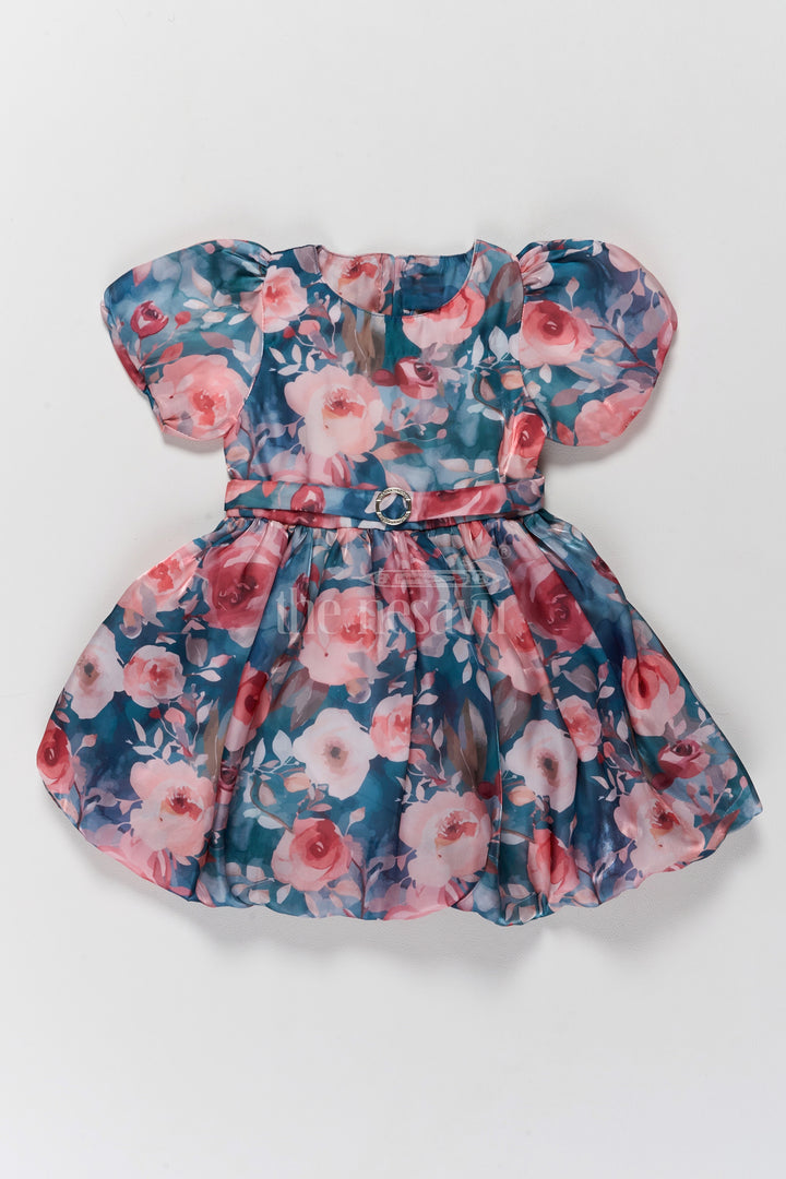 Elegant Girls Floral Fancy Frock with Puff Sleeves and Satin Belt